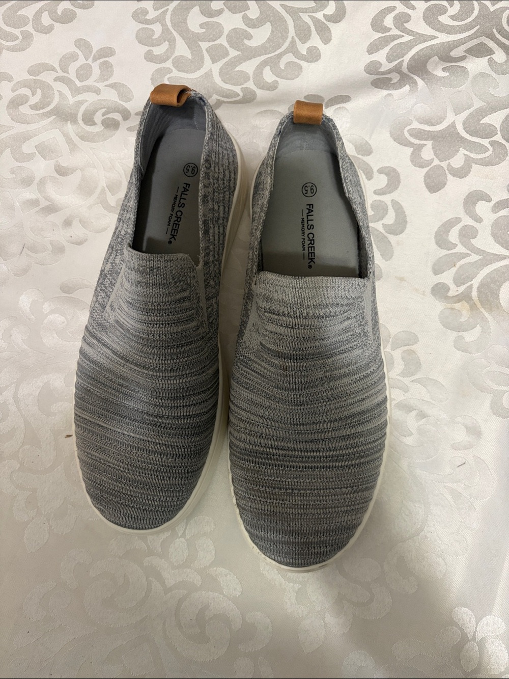 Falls Creek Gray Knit Slip-On Wedges with Tan Pull Tabs
